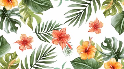 On a white background, a tropical seamless pattern can be seen.