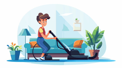 Cheerful teen girl cleaning carpet with vacuum clea