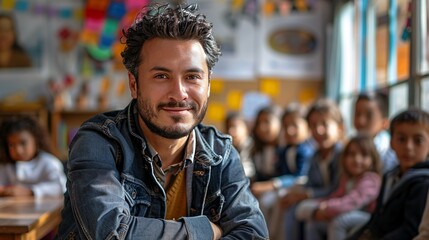 A smiling male teacher in a denim jacket in a classroom with young students in the background