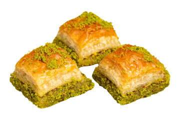Baklava with pistachios isolated on white background. Turkish cuisine delicacies. Ramadan Dessert....