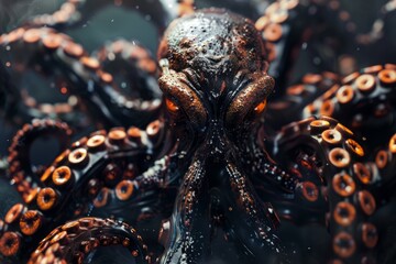 close up of an octopus statue isolated on black background