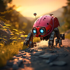 Giant robot helping a ladybug cross a road. 