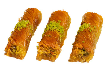 Kadayıf with pistachios isolated on white background. Turkish cuisine delicacies. Ramadan Dessert....