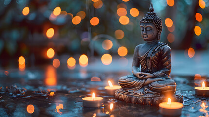 Buddha in Candlelight Meditation. Happy Vesak Day Concept