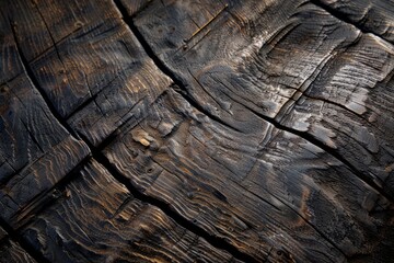 Image showcasing a piece of wood with a dark, burnt appearance, evoking rustic charm and rugged...