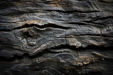 Photograph capturing the dark, burnt patina of a piece of wood, adding depth and character to its...