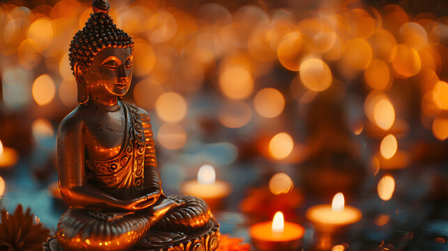 A tranquil scene with a Buddha statue surrounded by glowing candles. Happy Vesak Day Concept