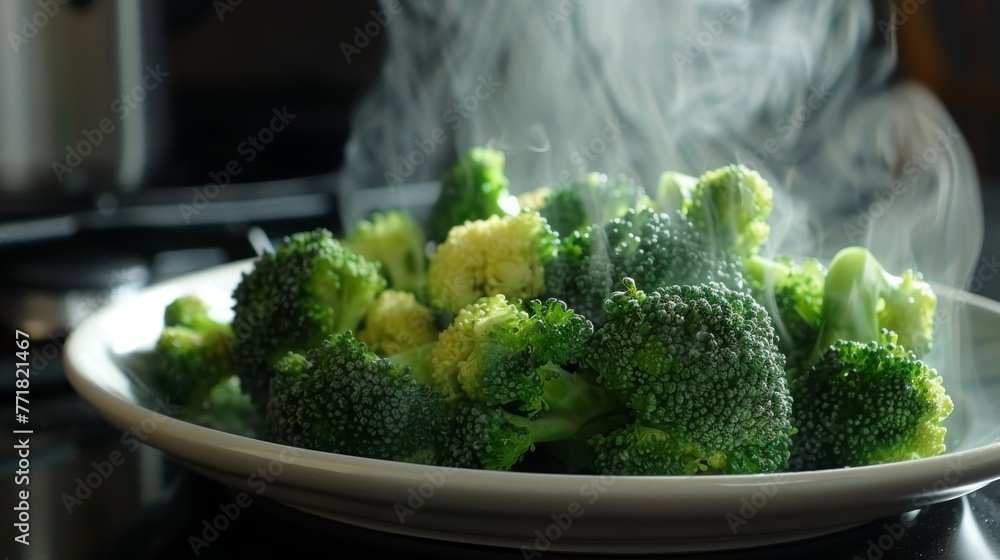 Poster an image of broccoli on a plate in close-up