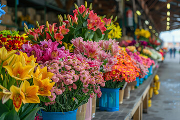 Fototapeta na wymiar Colourful different fresh flowers on sale in flower market. Assortment of fresh spring flowers in in store of shop. Showcase. Floral shop and delivery concept