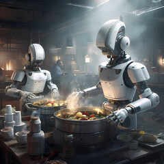 Robot chefs preparing a feast.  - obrazy, fototapety, plakaty