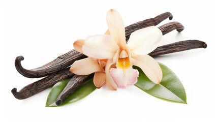 A vertical composition of vanilla flowers, pods, and leaves isolated on white