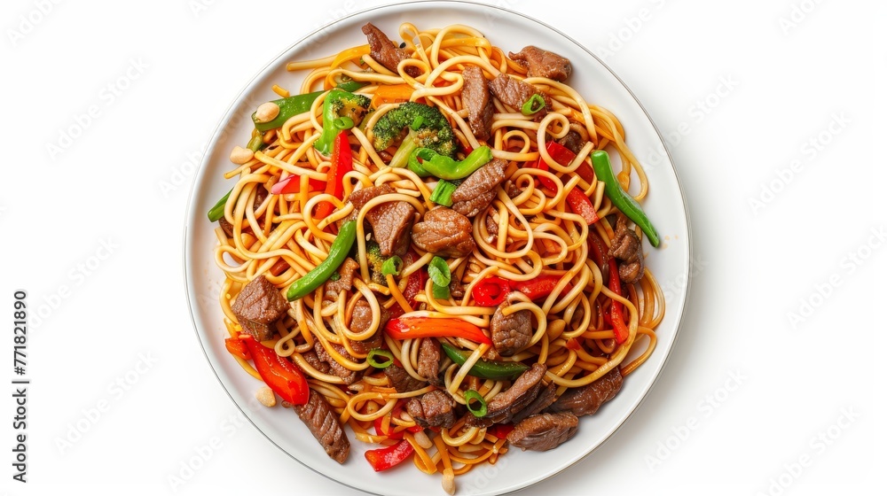 Poster view of noodles on top of a white background with meat and vegetables