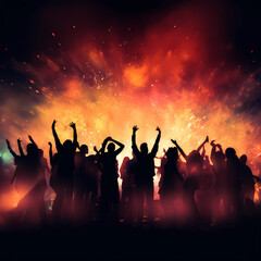 Fototapeta na wymiar Silhouettes of people dancing at a concert. 