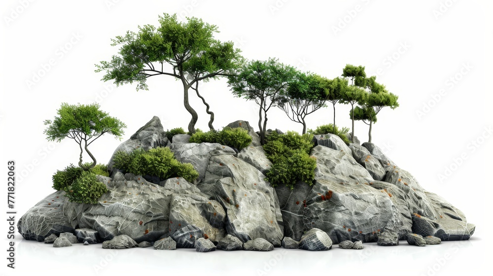 Poster branches of trees on an island with rocks. isolated on a white background