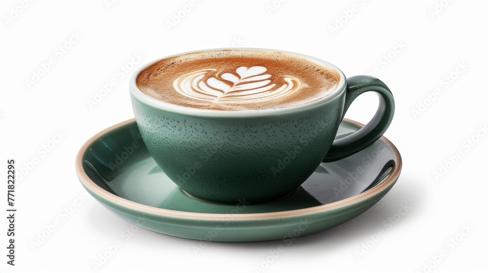 Poster The side view of hot latte coffee with latte art in a ceramic green cup and saucer. Clipping path inside. Image stacking techniques.