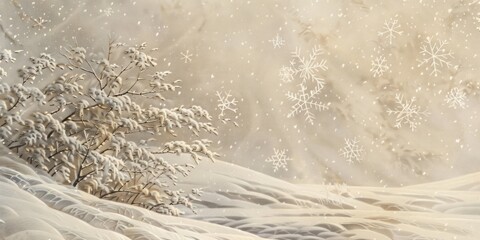 Captivating snowy landscape adorned with falling snowflakes, painting a scene of quiet tranquility and pristine beauty