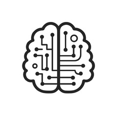 Digital Brain Icon, Black Line Art, Artificial Intelligence and Machine Learning Symbol
