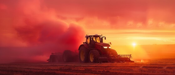 An agriculturalist in a tractor preparing land with a seedbed cultivator at sunset