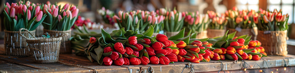 Colourful fresh tulips on sale in flower market. Assortment of fresh spring flowers in in store of...