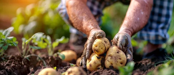 Deurstickers In the field, a farmer displays his organic potato harvest © Zaleman