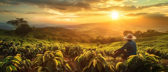 An outdoor farmer works on a coffee field at sunset.