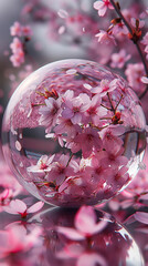 A tranquil cherry blossom garden in full bloom, with petals drifting on the breeze and the sweet scent of flowers filling the air, all contained within a meticulously crafted 3D glass globe,  