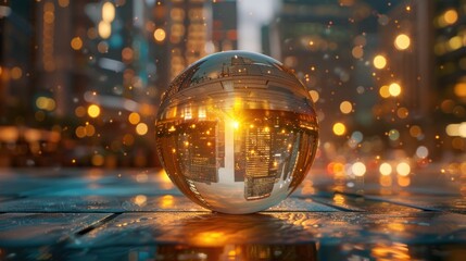 A future cityscape view through a golden color transparent glass globe sphere on the floor with architectural town background at the back drop and blurred bright lights dots