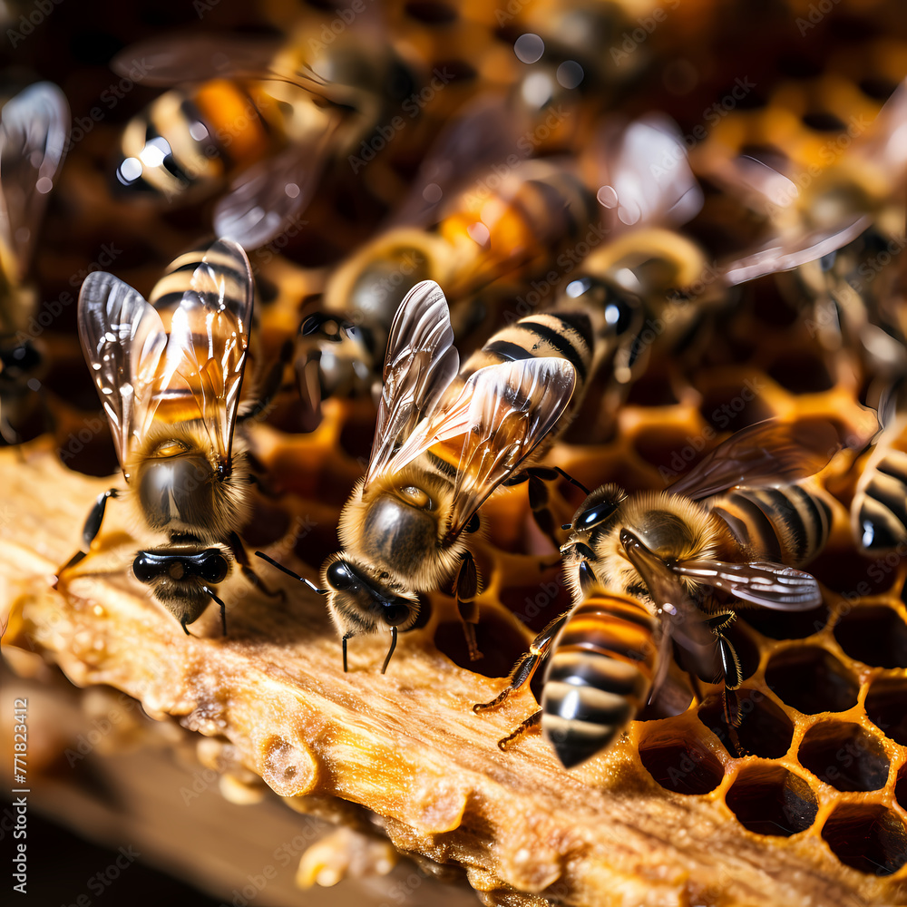 Canvas Prints A close-up of a beehive with bees in motion. 