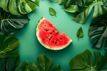 Watermelon slice in a green background with palm tree leaves