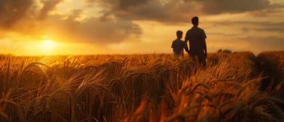 It's sunset as father and son stand in their growing wheat field. They're satisfied with successful sowing and enjoying the sunset. - obrazy, fototapety, plakaty