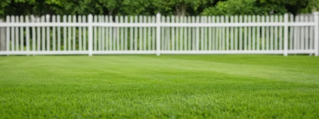  Green smooth lawn against the background of a white fence. Green lawn surrounded by a fence. © 360VP