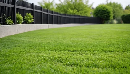 Stof per meter Green smooth lawn against the background of a white fence. Green lawn surrounded by a fence. © 360VP