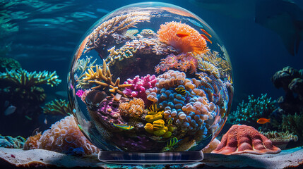 An underwater utopia filled with vibrant coral reefs and exotic sea creatures, captured within a mesmerizing 3D glass globe.