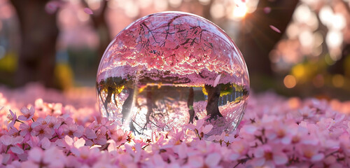 A serene cherry blossom grove in full bloom, carpeting the landscape within a 3D glass globe with delicate pink petals.