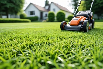A modern lawn mower mows a green lawn on a sunny day. Green background with lawn mower with copy...