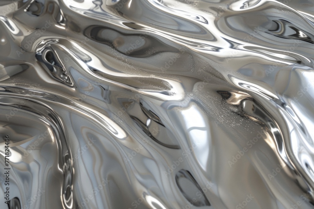 Poster close-up view of a silver surface intricately engraved with a mesmerizing wave pattern, reflecting l