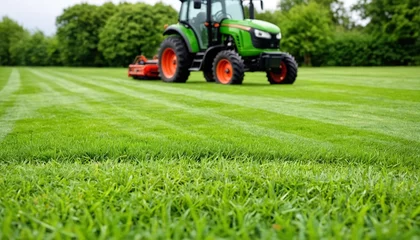  Lawn in the backyard of a private house. The tractor stands on a green lawn. A grass cutting machine drives across the lawn. Garden care. © 360VP