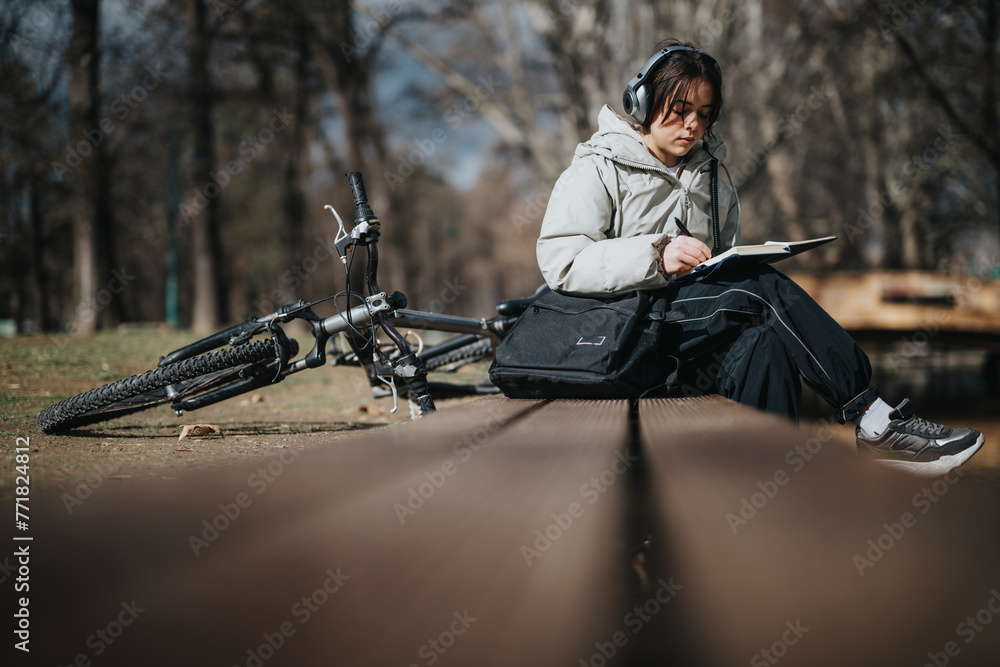 Wall mural A young woman sits beside her bicycle in a sunny park, immersed in writing her thoughts in a notebook.