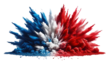 a dynamic explosion of red, white, and blue paint powder, arranged to resemble the French flag, isolated on transparent background - PNG