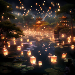 A garden of floating lanterns in a starlit night.
