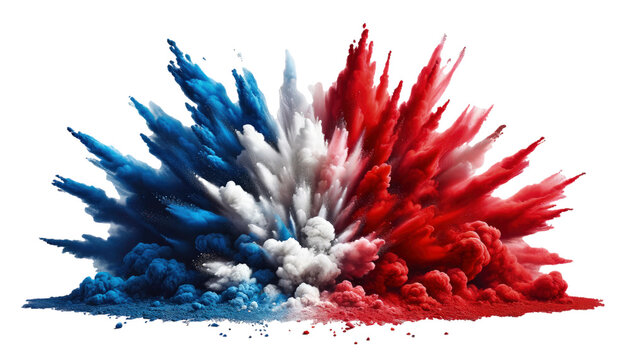  a dynamic explosion of red, white, and blue paint powder, arranged to resemble the French flag
