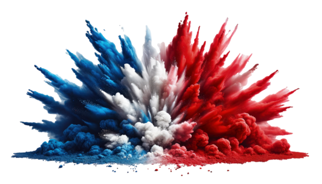  a dynamic explosion of red, white, and blue paint powder, arranged to resemble the French flag, isolated on transparent background - PNG