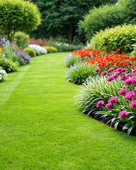 The backyard garden is full of flowers. Smooth green lawn with flowers in the background.