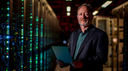 Portrait of Data Center CTO with Laptop Among Servers.