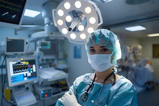 Surgeons in Action: Empowering Women in Surgical Attire with bouffant cap, surgical Mask and Gloves. Image created with AI.