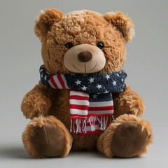A brown teddy bear sits wearing an American flag scarf on a gray background