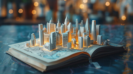 Open Notebook Revealing 3D Paper Metropolis, Intricate Craftwork with City Map Background