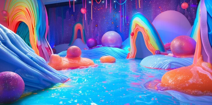 Fantastical world painted in vivid hues, showcasing a mesmerizing purple river flowing into a mysterious cave, offering an immersive journey into a realm of magic and wonder.