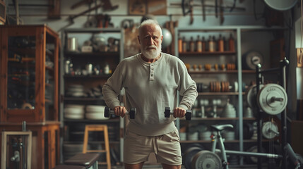 Fototapeta premium Senior Man Embracing Fitness Lifestyle, Strength Training in Home Gym