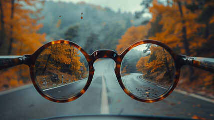 Autumn Road View Through Vintage Glasses, Fall Colors and Winding Journey - obrazy, fototapety, plakaty